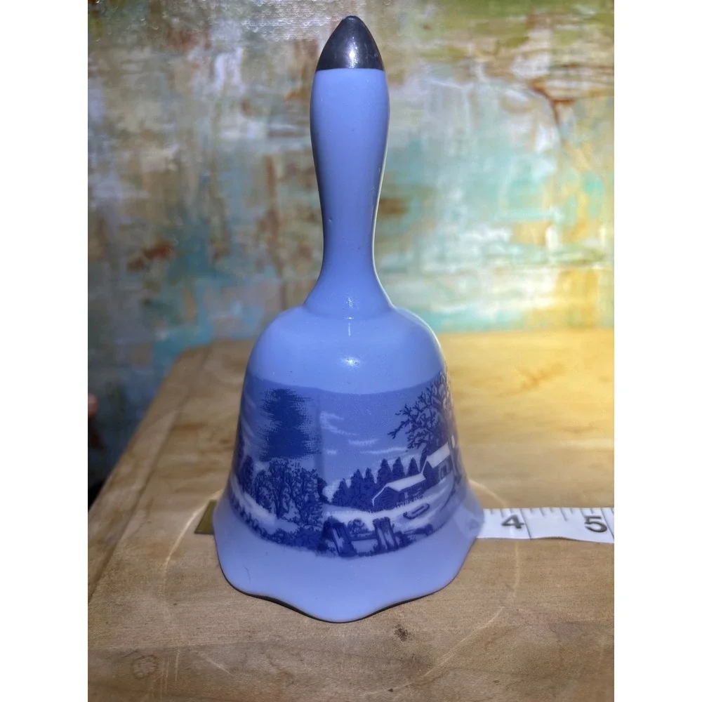 Vintage Blue Porcelain Winter Landscape Dinner Bell Silver Finial Scalloped Rim